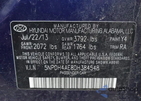 2013 Hyundai Elantra Gls z USA, uszkodzony, nr VIN 5NPDH4AE8DH384548